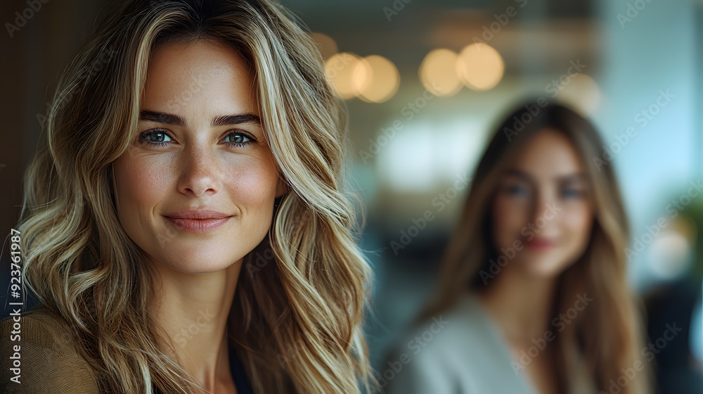Two confident businesswomen walking together in an office environment, smiling and exchanging ideas, their professional rapport clear as they discuss future projects. Two confident businesswomen walking together in an office environment, smiling and exchanging ideas, their professional rapport clear as they discuss future projects.