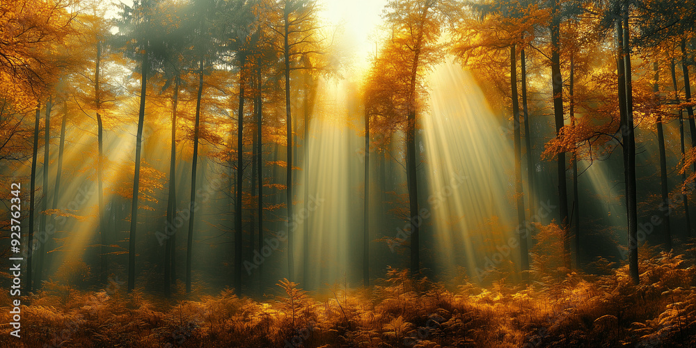 Obraz premium Sun Rays Filtering Through Dense Autumn Forest – Golden Hour Light & Shadows in Serene Nature Scene Background Wallpaper