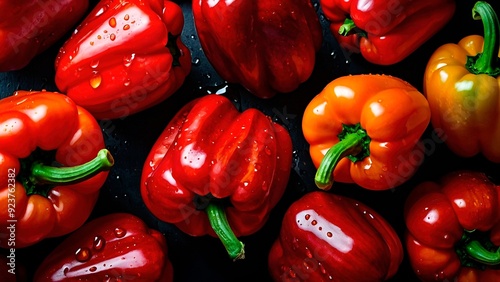 Beautiful top-down view close-up photo of bunch of red and orange ripe bell peppers covered in fresn water dew droplets on dark background. Capsicum annuum advertisement organic food photography. photo
