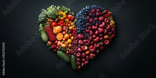 Heart-shaped arrangement of healthy foods, colorful fruits, and leafy greens