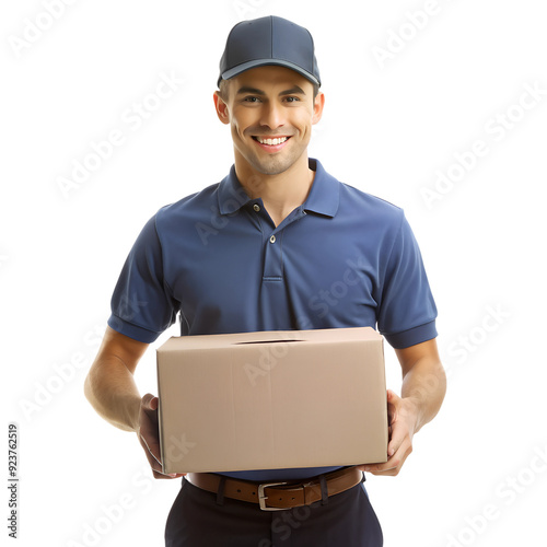 Delivery Man in blue Uniform Holding Cardboard on white background generative AI.