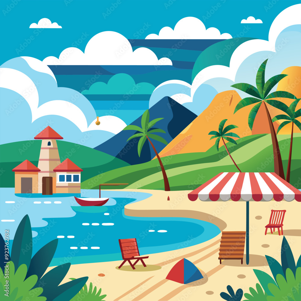 Fototapeta premium a cartoon illustration of a beach scene with a beach scene