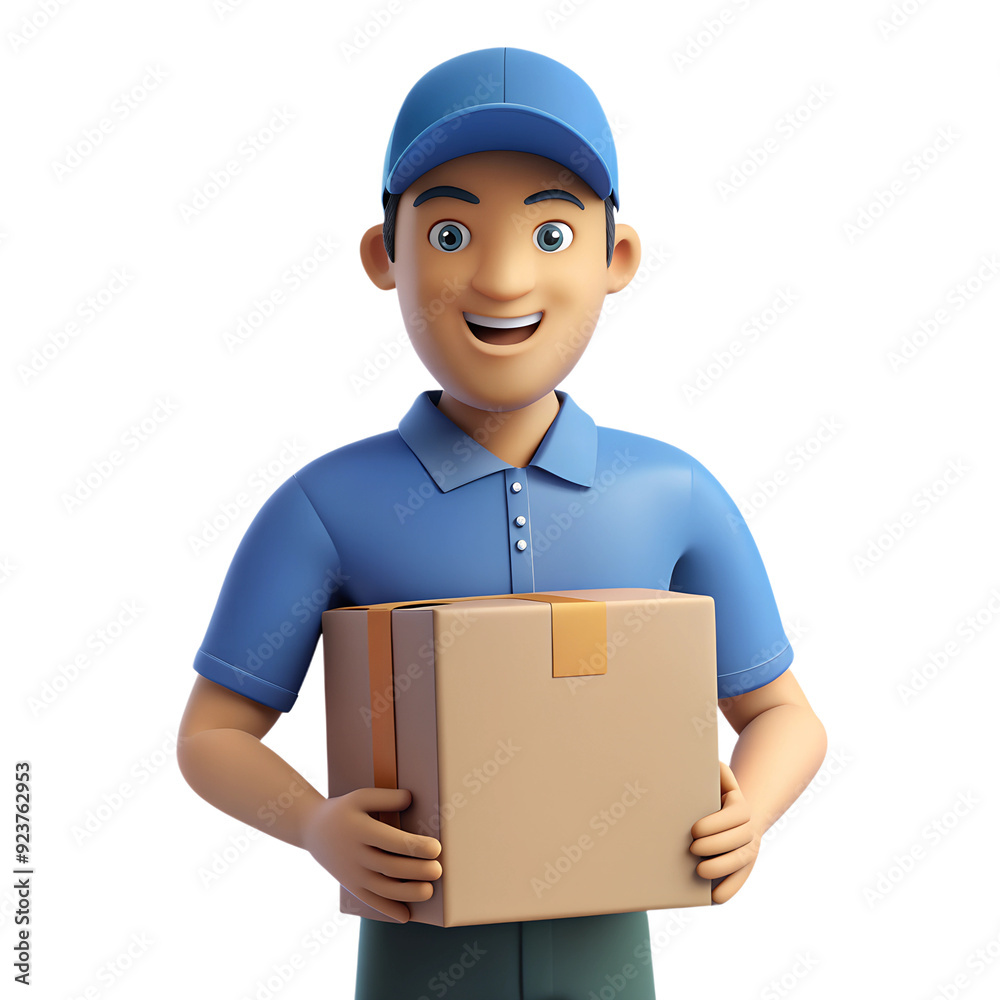 3d Delivery Man in blue Uniform Holding Cardboard generative AI. 3d Delivery Man in blue Uniform Holding Cardboard generative AI.