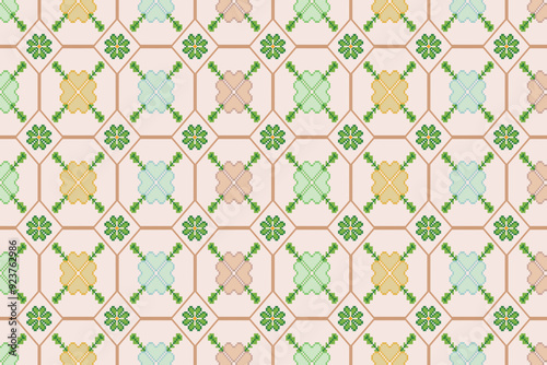 The pattern is composed of pixelated designs that form flower-like shapes. 
