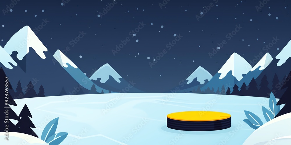 Winter night landscape with snowy mountains and a yellow platform in the middle. Winter night landscape with snowy mountains and a yellow platform in the middle.