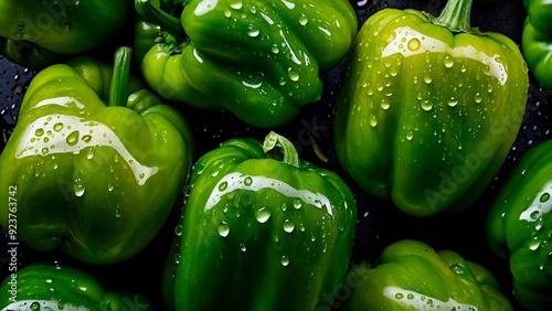 Beautiful top-down view close-up photo of bunch of vibrant green ripe bell peppers covered in fresn water dew droplets on dark background. Capsicum annuum advertisement organic food photography. photo