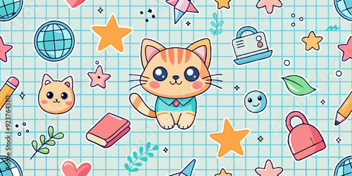 Kids doodle seamless pattern, vector back to school cartoon scribble texture, cute kitten, star. Children kindergarten hand drawn copybook sheet grid, funny colorful baby textile. Kids doodle print