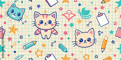 Kids doodle seamless pattern, vector back to school cartoon scribble texture, cute kitten, star. Children kindergarten hand drawn copybook sheet grid, funny colorful baby textile. Kids doodle print