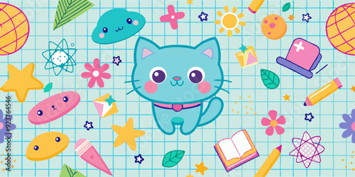 Kids doodle seamless pattern, vector back to school cartoon scribble texture, cute kitten, star. Children kindergarten hand drawn copybook sheet grid, funny colorful baby textile. Kids doodle print