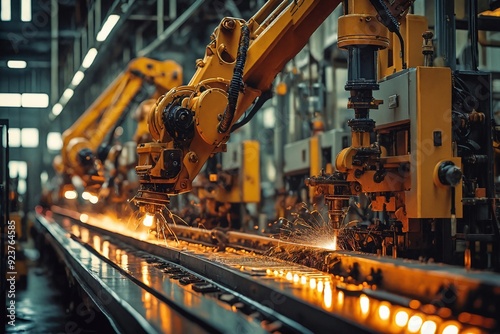 Industrial Robots Welding on a Production Line