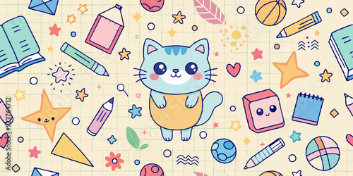 Kids doodle seamless pattern, vector back to school cartoon scribble texture, cute kitten, star. Children kindergarten hand drawn copybook sheet grid, funny colorful baby textile. Kids doodle print