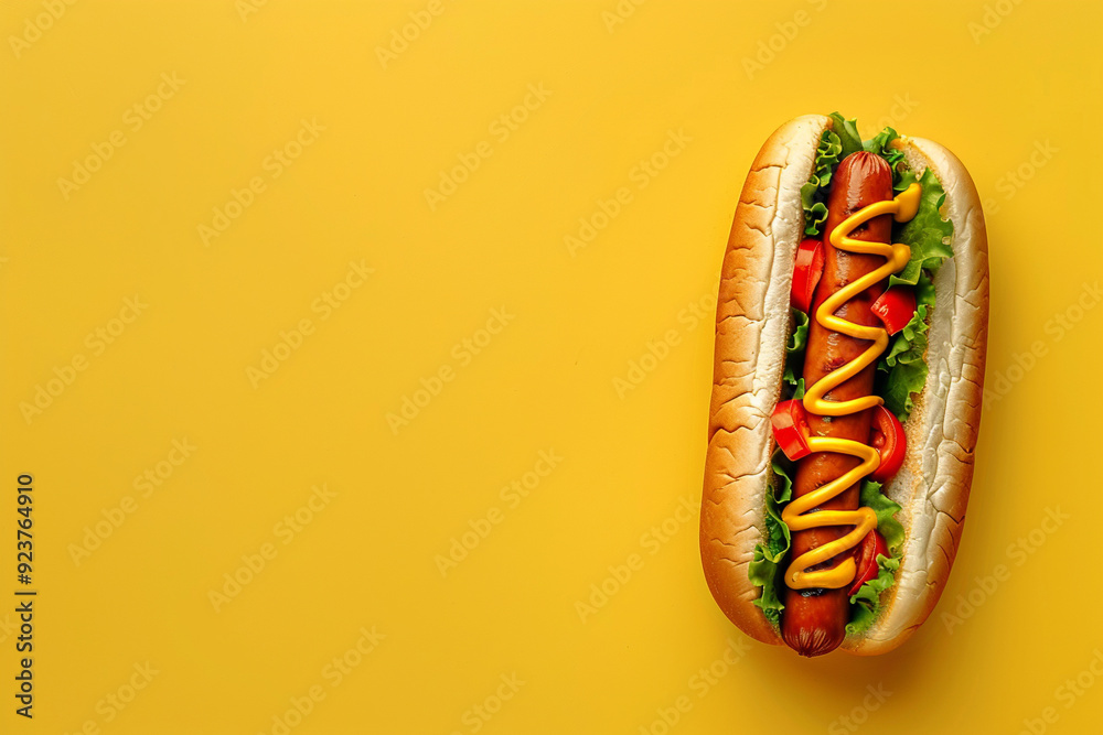 Delicious Hot Dog with Mustard and Toppings on a Yellow Background