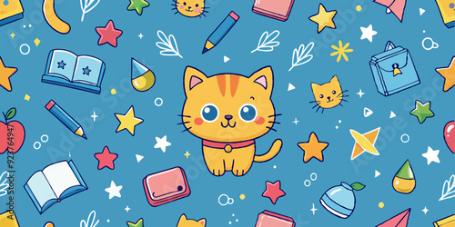 Kids doodle seamless pattern, vector back to school cartoon scribble texture, cute kitten, star. Children kindergarten hand drawn copybook sheet grid, funny colorful baby textile. Kids doodle print