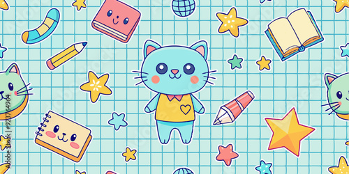 Kids doodle seamless pattern, vector back to school cartoon scribble texture, cute kitten, star. Children kindergarten hand drawn copybook sheet grid, funny colorful baby textile. Kids doodle print