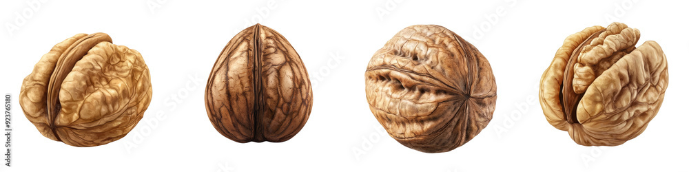 Obraz premium Four walnuts in different positions showcasing their unique texture and natural color, perfect for food-related projects.