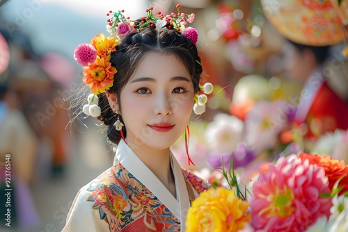 Portrait of a North Korean Woman in Traditional Attire Celebrating a Festival Outdoors. Capturing the Beauty and Pride of North Korean Culture During a Joyous Occasion. A Reflection of Ethnic Heritage