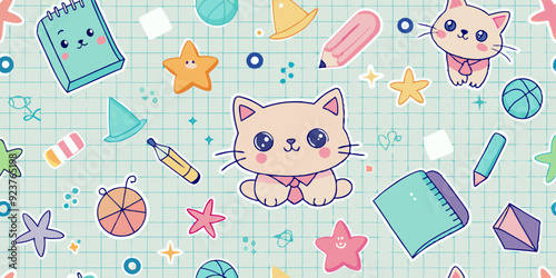 Kids doodle seamless pattern, vector back to school cartoon scribble texture, cute kitten, star. Children kindergarten hand drawn copybook sheet grid, funny colorful baby textile. Kids doodle print