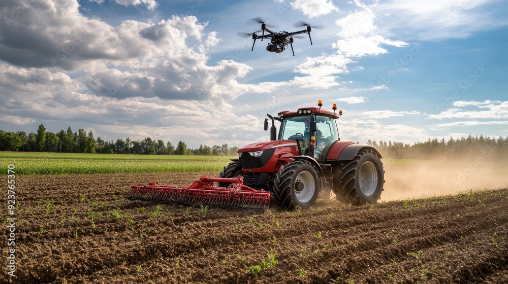 Fototapeta premium A modern tractor equipped with advanced technology, plowing a field, with a drone flying overhead capturing data.