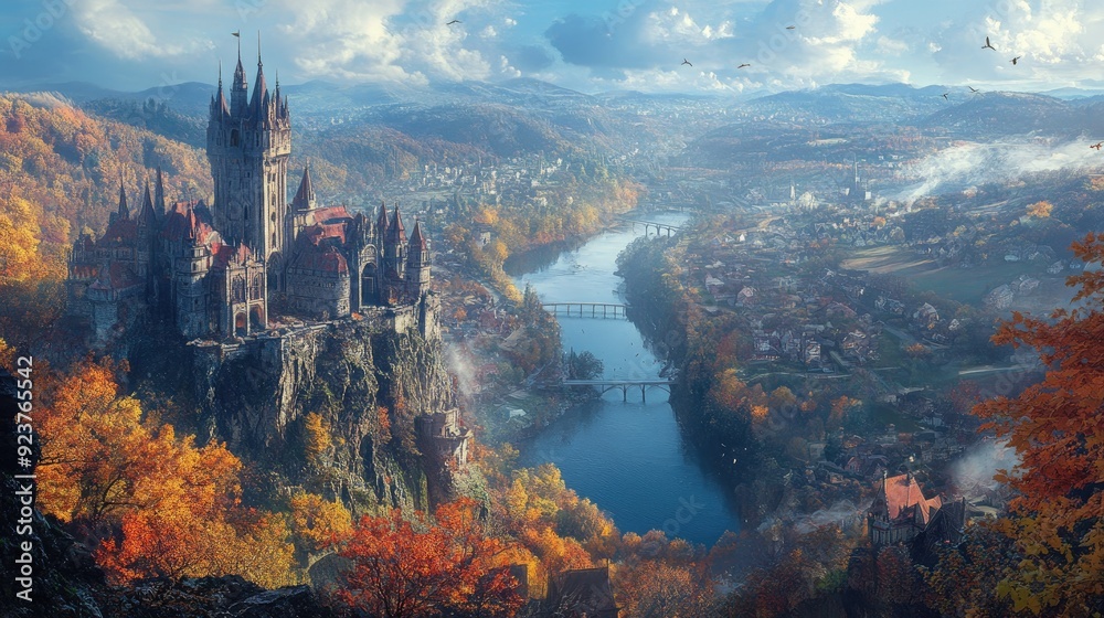 Fototapeta premium A panoramic shot of a cliffside castle overlooking a river valley, with the autumn colors of the surrounding forest in full display.