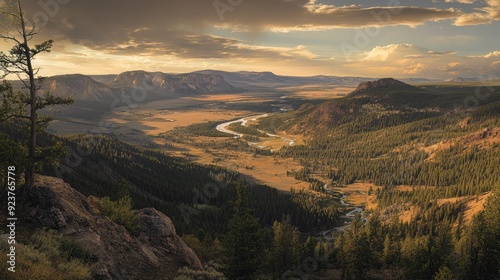 A panoramic view of Yellowstone rugged landscape, with mountains, rivers, and forests stretching into the distance.