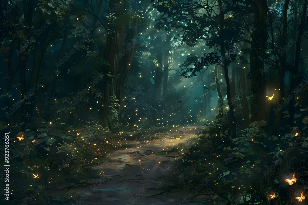Enchanted Forest Path with Fireflies. Enchanted Forest Path with Fireflies.