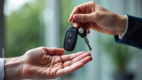 Buy second-hand auto or rent a car concept, Close-up hand of used car agent giving an auto key to client.