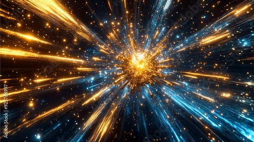 Radiant Cosmic Explosion with Golden and Blue Light Beams.