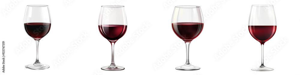 Collection of four elegant wine glasses, showcasing different levels of rich red wine, perfect for any dining or celebration setting. Collection of four elegant wine glasses, showcasing different levels of rich red wine, perfect for any dining or celebration setting.