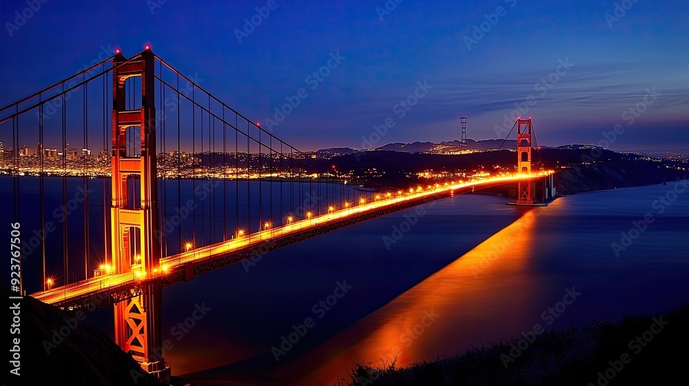 The Golden Gate Bridge illuminated at night, with the lights reflecting off the water and the city glowing in the distance. The Golden Gate Bridge illuminated at night, with the lights reflecting off the water and the city glowing in the distance.