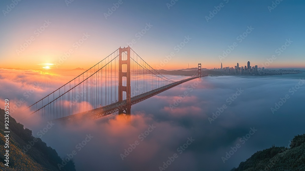 Obraz premium The iconic Golden Gate Bridge at sunrise, with the bridge shrouded in morning mist and the city skyline in the background.