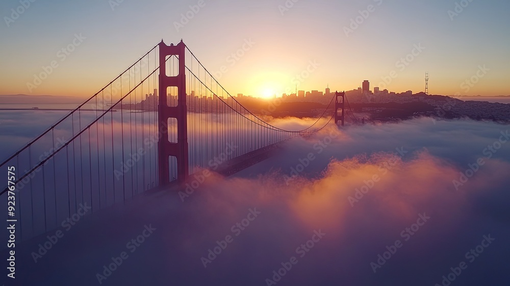 Obraz premium The iconic Golden Gate Bridge at sunrise, with the bridge shrouded in morning mist and the city skyline in the background.