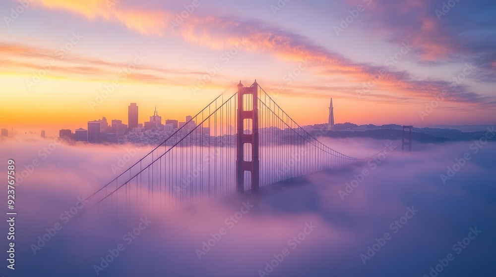 The iconic Golden Gate Bridge at sunrise, with the bridge shrouded in morning mist and the city skyline in the background. The iconic Golden Gate Bridge at sunrise, with the bridge shrouded in morning mist and the city skyline in the background.