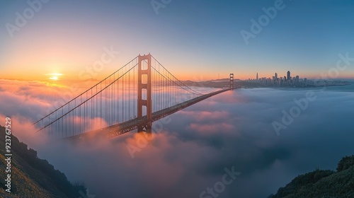 The iconic Golden Gate Bridge at sunrise, with the bridge shrouded in morning mist and the city skyline in the background.