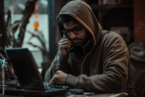 Scammer in hoodie with telephone and notebook, Portrait of call center with bear posture.