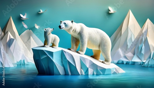 Mutter und Baby Eisbär auf eine kleine Insel aus Eis. 