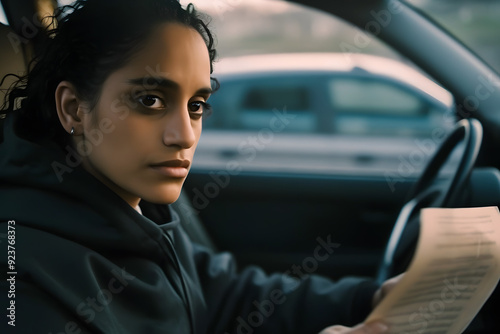 Focused Black Woman in Car Reading Document, Elegance and Anticipation in Urban Setting
