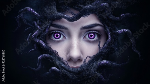 Medusa's Gaze: A captivating portrait of a woman with piercing violet eyes, adorned with a crown of serpents, embodying the allure and danger of ancient mythology.