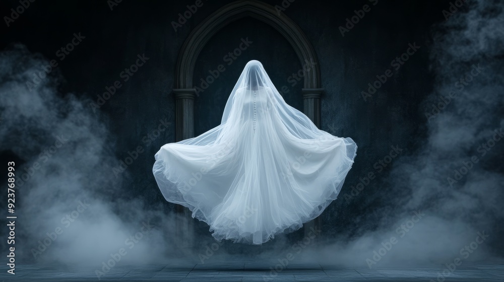 Spectral Bride in the Gothic Arches: A ghostly figure in a white gown, veiled in mystery, floats amidst smoky ruins. Spectral Bride in the Gothic Arches: A ghostly figure in a white gown, veiled in mystery, floats amidst smoky ruins.