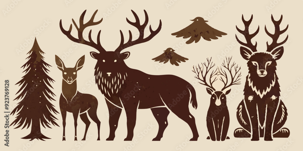 Linocut forest animal set, vector wildlife silhouette nature grunge engraving print collection. Vintage woodcut mammals, grisly bear, deer antlers, fox, rabbit, owl stamp. Boho linocut animal outline Linocut forest animal set, vector wildlife silhouette nature grunge engraving print collection. Vintage woodcut mammals, grisly bear, deer antlers, fox, rabbit, owl stamp. Boho linocut animal outline