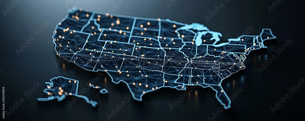 Blockchain network visualized on a futuristic map of the USA with ...