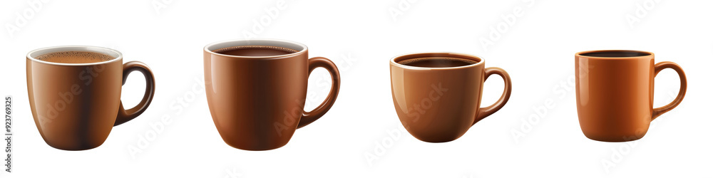 A collection of four brown coffee cups in varying sizes, perfect for beverage presentations and rustic kitchen decor. A collection of four brown coffee cups in varying sizes, perfect for beverage presentations and rustic kitchen decor.