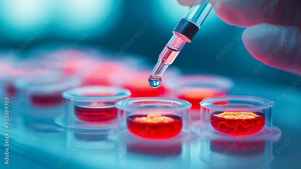 Lab scene with glowing stem cell cultures and precise dropper Lab scene with glowing stem cell cultures and precise dropper
