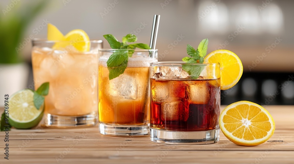 Mixed drinks with cola, whiskey, and citrus garnishes on a wooden bar counter, Cuba Libre cocktails, Vibrant and refreshing cocktails perfect for a night out Mixed drinks with cola, whiskey, and citrus garnishes on a wooden bar counter, Cuba Libre cocktails, Vibrant and refreshing cocktails perfect for a night out
