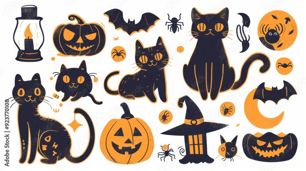 Design Pop Color illustrations of spooky Halloween Cute Cat in various activities ,with bold lines and simple design, placed on a white background 