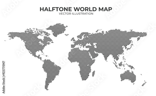 Halftone world map background.