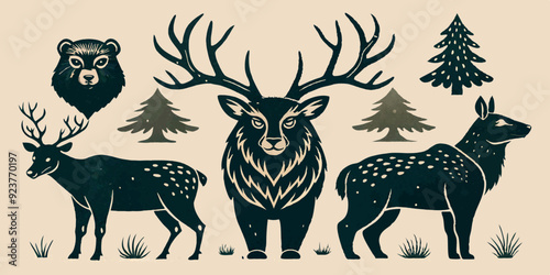 Linocut forest animal set, vector wildlife silhouette nature grunge engraving print collection. Vintage woodcut mammals, grisly bear, deer antlers, fox, rabbit, owl stamp. Boho linocut animal outline
