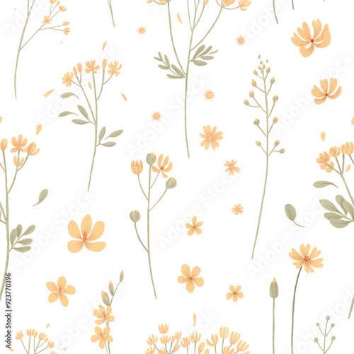 Seamless pattern with little wild summer meadow flowers and leaves. Сolourful cute small yellow floral spring background. Vintage seamless floral pattern on white background