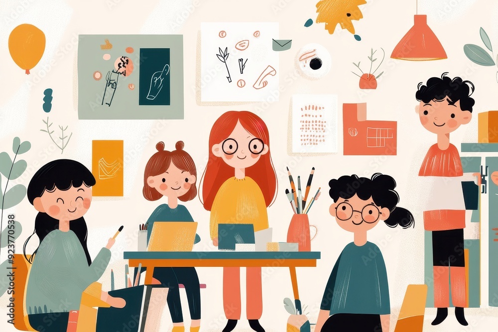 Creative Minds at Work: Vibrant Vector of Students in Art Education Class, Hand-Drawn Style Creative Minds at Work: Vibrant Vector of Students in Art Education Class, Hand-Drawn Style
