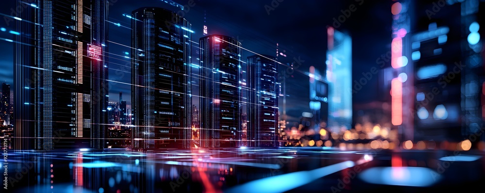 A futuristic technology hub with neon-lit skyscrapers and advanced data centers A futuristic technology hub with neon-lit skyscrapers and advanced data centers
