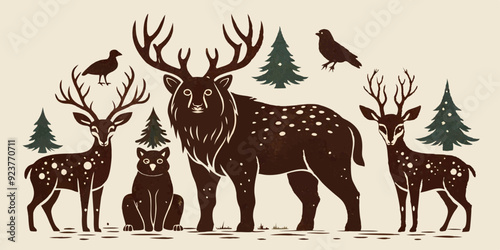 Linocut forest animal set, vector wildlife silhouette nature grunge engraving print collection. Vintage woodcut mammals, grisly bear, deer antlers, fox, rabbit, owl stamp. Boho linocut animal outline